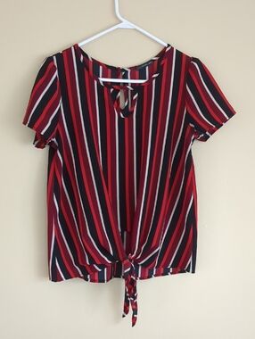 Small West Kei Red Black Striped Tie Waist Shirt Top